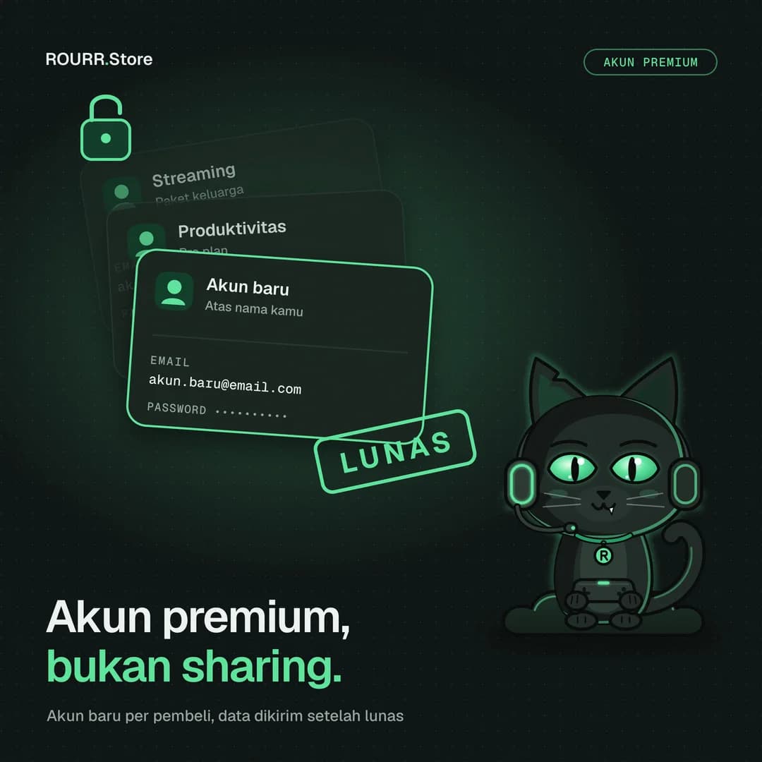 Ilustrasi akun premium: tumpukan kartu akun dengan stempel LUNAS dan gembok terbuka