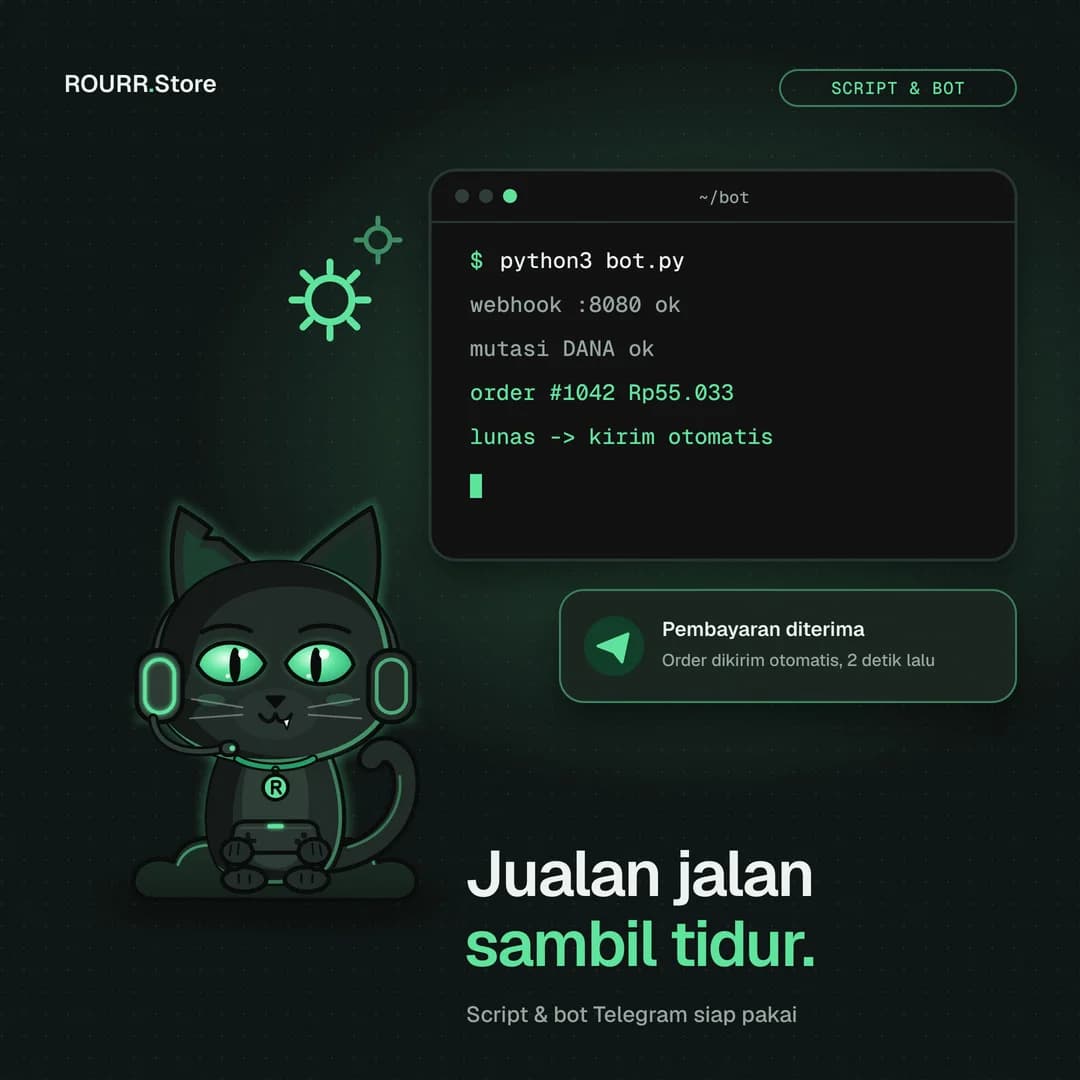 Ilustrasi script dan bot: terminal yang menjalankan bot dan notifikasi pembayaran diterima